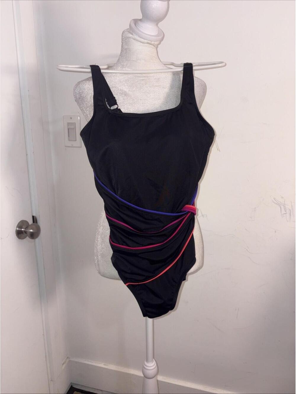 Roxanne Size 12/‎ Bra Sized 36DD Black/Multi Lined Bathing Suit Adjustable Strap